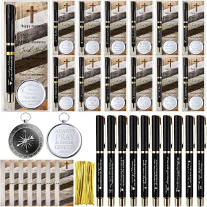 Spakon Father's Day Christian Gifts for Men Bulk Religious Bible Verse Pens Engraved Compass with Scripture Bookmarks for Church Gifts Sunday School