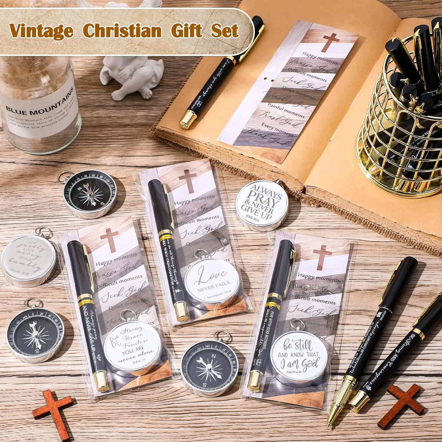 Spakon Father's Day Christian Gifts for Men Bulk Religious Bible Verse Pens Engraved Compass with Scripture Bookmarks for Church Gifts Sunday School