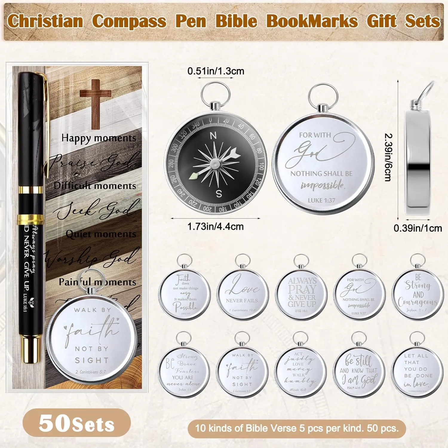 Spakon Father's Day Christian Gifts for Men Bulk Religious Bible Verse Pens Engraved Compass with Scripture Bookmarks for Church Gifts Sunday School
