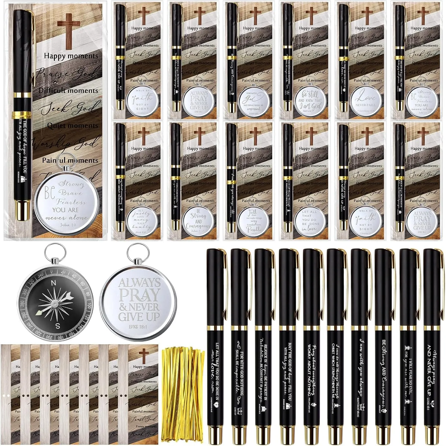 Spakon Father's Day Christian Gifts for Men Bulk Religious Bible Verse Pens Engraved Compass with Scripture Bookmarks for Church Gifts Sunday School
