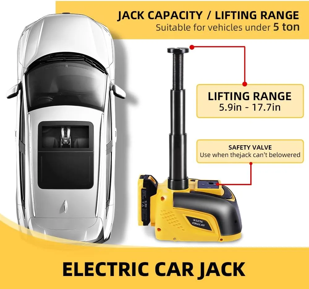 STANDTALL Electric Car Jack Hydraulic Cordless Remote Control 5 Ton 18V Automatic Small Portable Tire Change Kit Emergency Repair Tire Tools for SUV Sedans Vehicle MPV Yellow