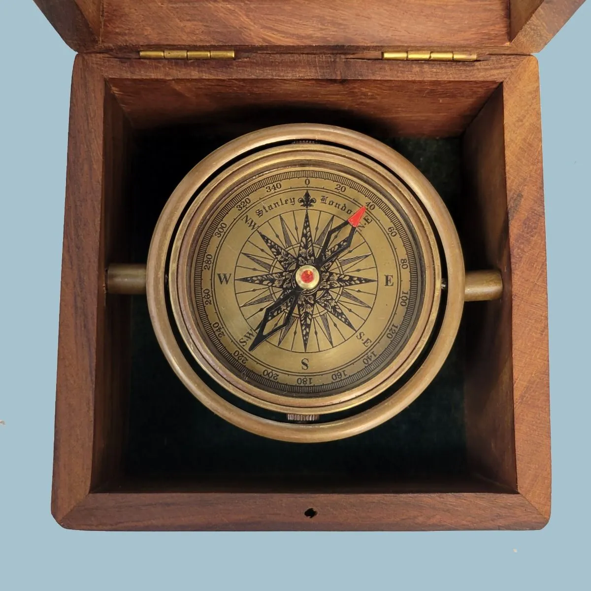 Stanley London Engravable Standard Antique Brass Desk Compass In Wooden Box