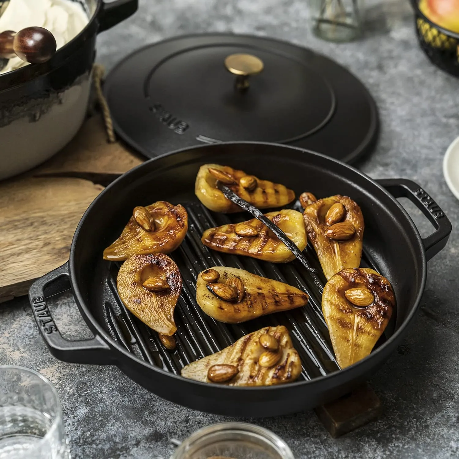 STAUB Cast Iron Set 4-pc, Stackable Space-Saving Cookware Set, Dutch Oven, Skillet, Grill Pan with Universal Lid, Made in France, Matte Black