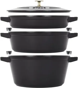 STAUB Cast Iron Set 4-pc, Stackable Space-Saving Cookware Set, Dutch Oven, Skillet, Grill Pan with Universal Lid, Made in France, Matte Black