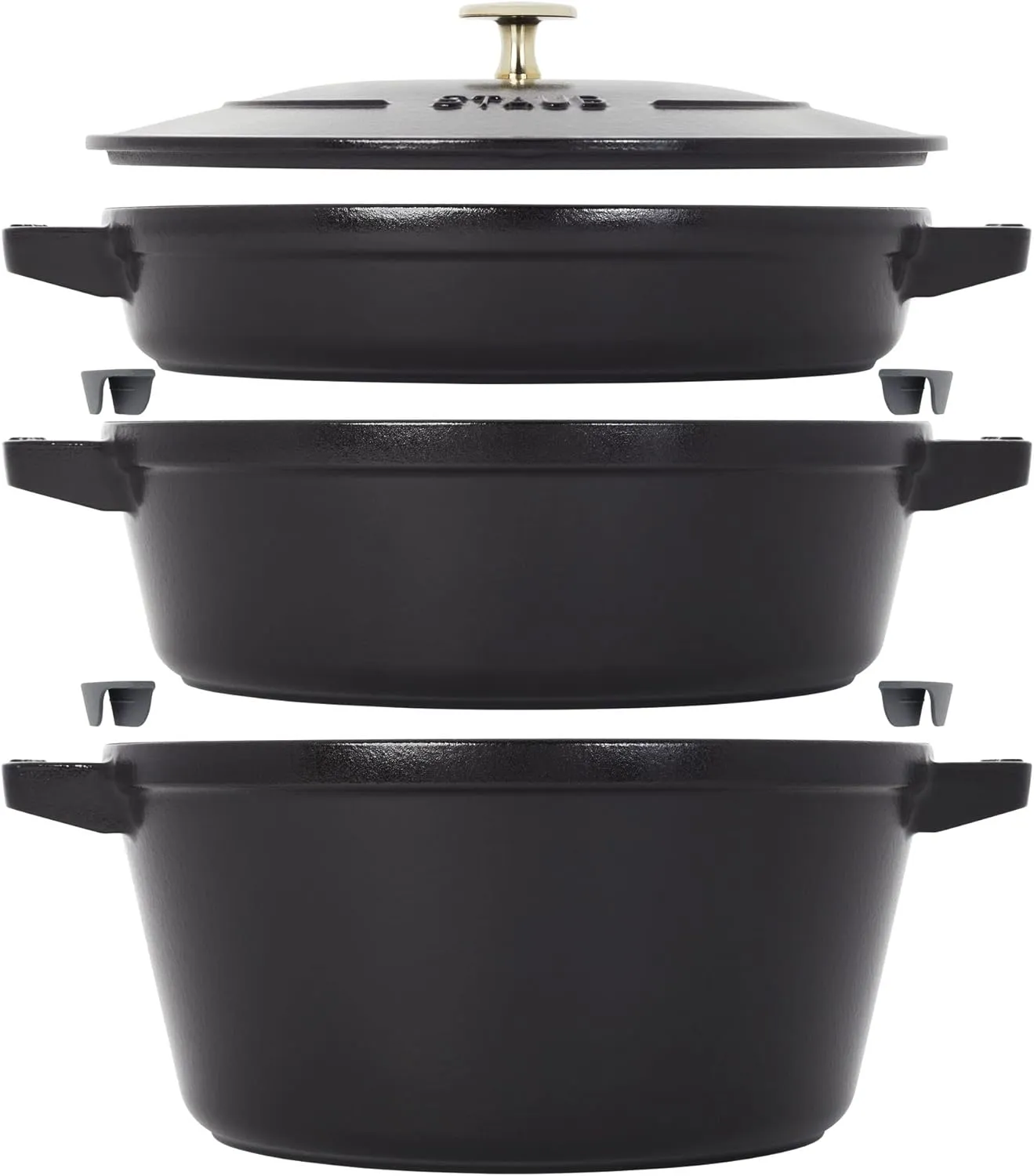 STAUB Cast Iron Set 4-pc, Stackable Space-Saving Cookware Set, Dutch Oven, Skillet, Grill Pan with Universal Lid, Made in France, Matte Black
