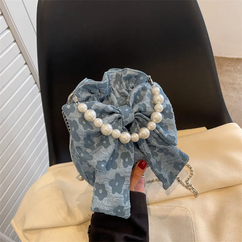 Stella Floral Print Cute Bowl Ribbon Pearl Handle Handheld Handbag