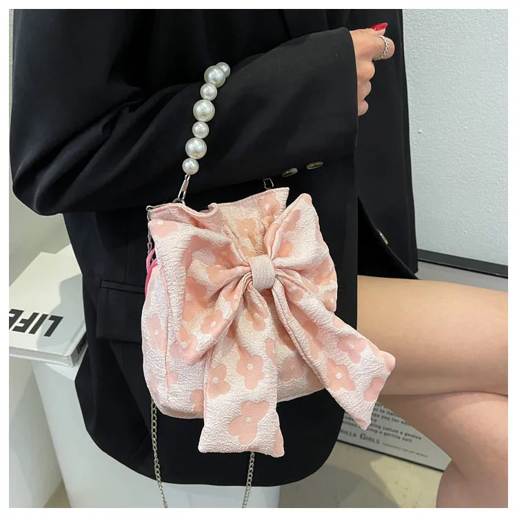 Stella Floral Print Cute Bowl Ribbon Pearl Handle Handheld Handbag
