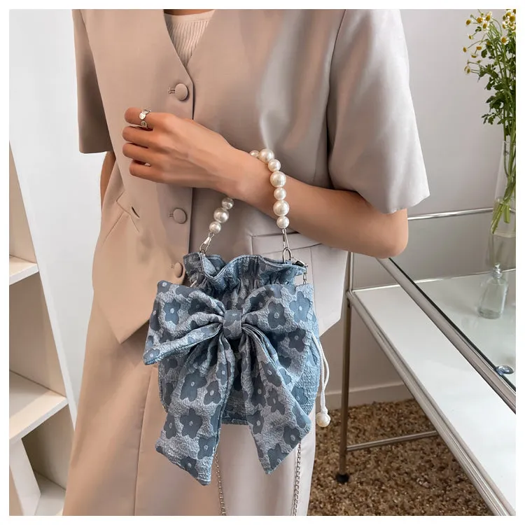Stella Floral Print Cute Bowl Ribbon Pearl Handle Handheld Handbag