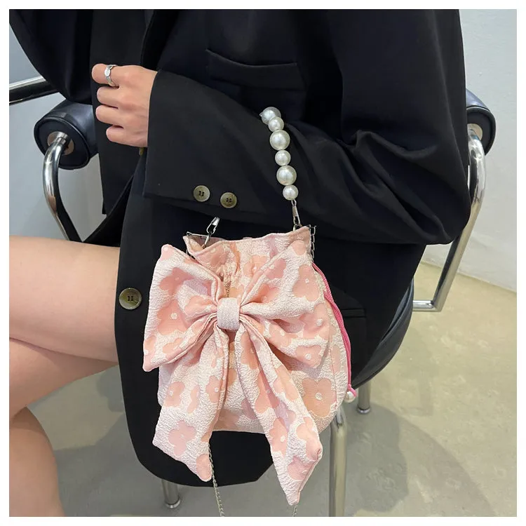 Stella Floral Print Cute Bowl Ribbon Pearl Handle Handheld Handbag