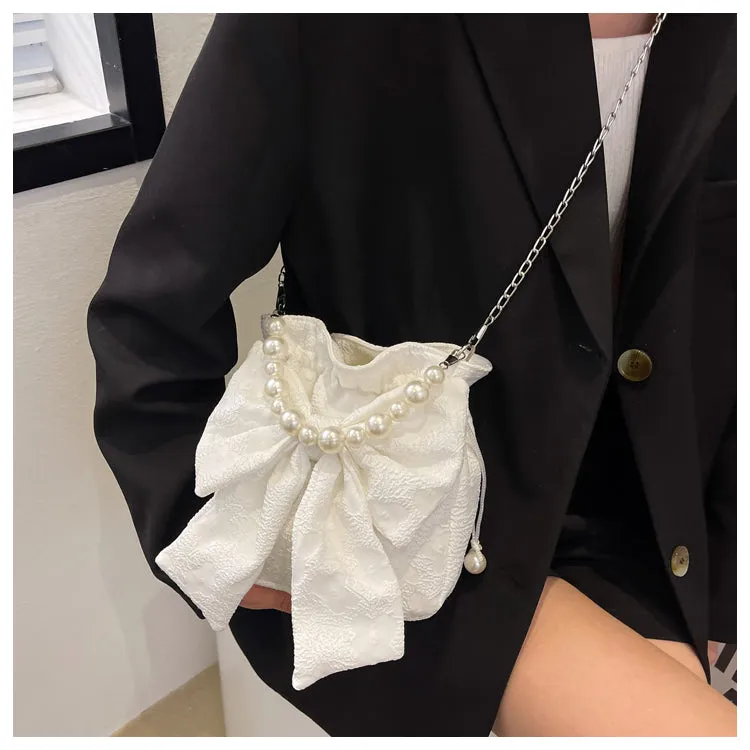 Stella Floral Print Cute Bowl Ribbon Pearl Handle Handheld Handbag