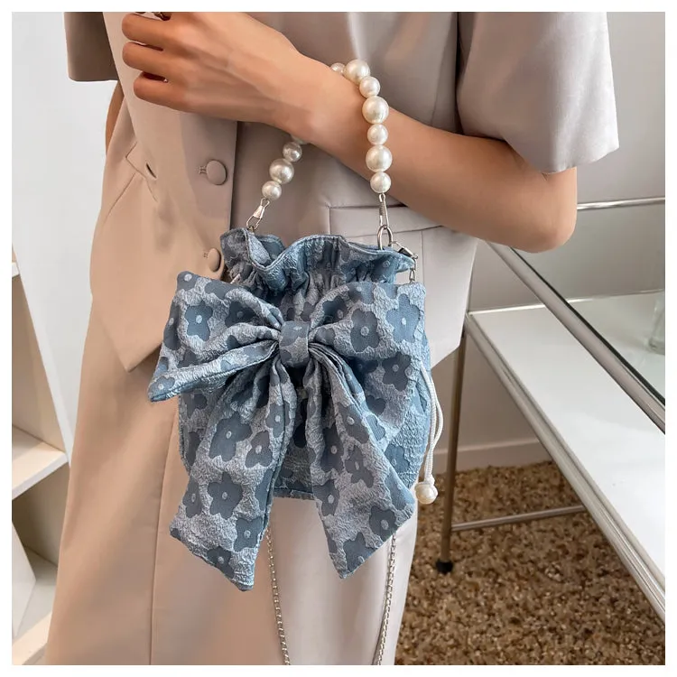 Stella Floral Print Cute Bowl Ribbon Pearl Handle Handheld Handbag