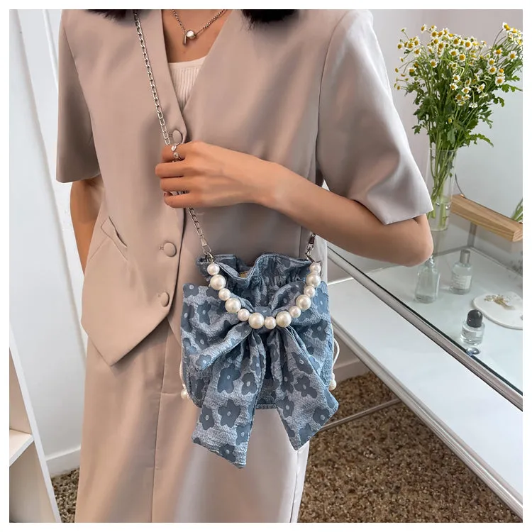 Stella Floral Print Cute Bowl Ribbon Pearl Handle Handheld Handbag