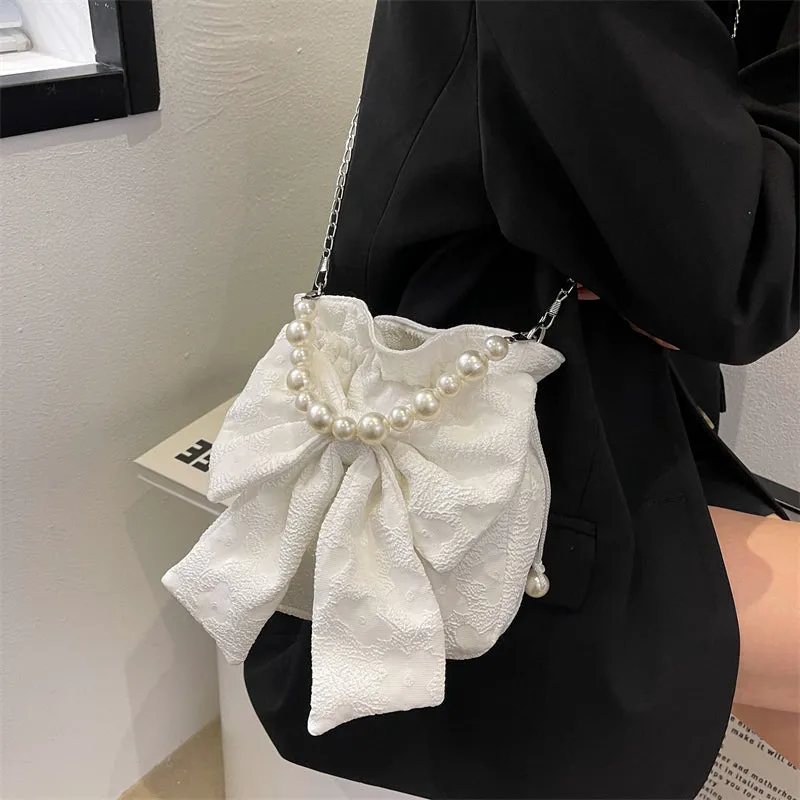 Stella Floral Print Cute Bowl Ribbon Pearl Handle Handheld Handbag