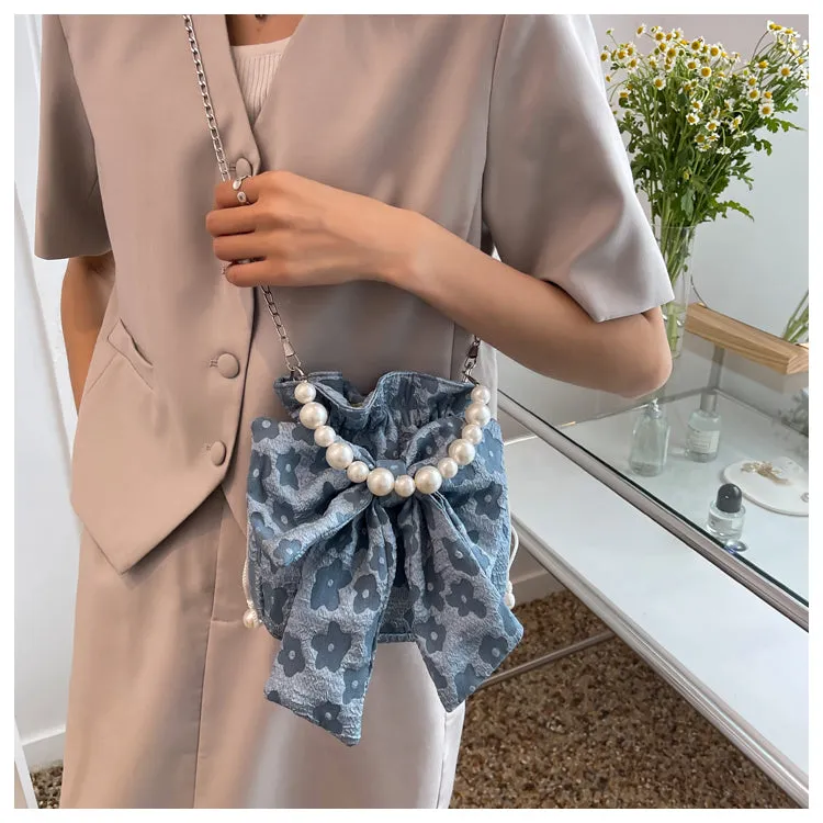 Stella Floral Print Cute Bowl Ribbon Pearl Handle Handheld Handbag