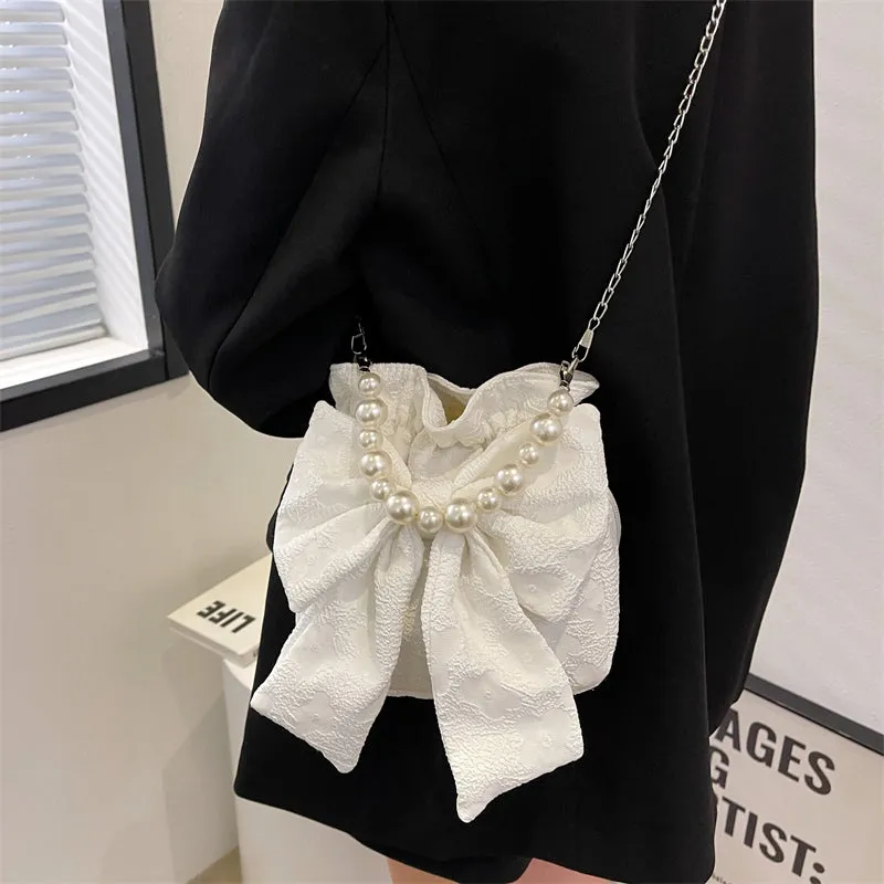 Stella Floral Print Cute Bowl Ribbon Pearl Handle Handheld Handbag