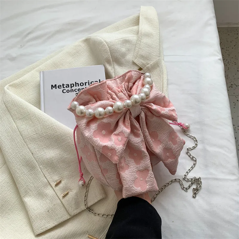 Stella Floral Print Cute Bowl Ribbon Pearl Handle Handheld Handbag