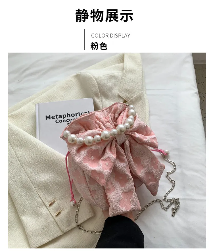 Stella Floral Print Cute Bowl Ribbon Pearl Handle Handheld Handbag