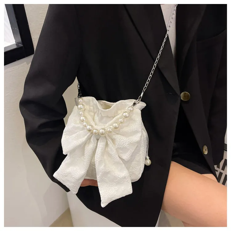 Stella Floral Print Cute Bowl Ribbon Pearl Handle Handheld Handbag
