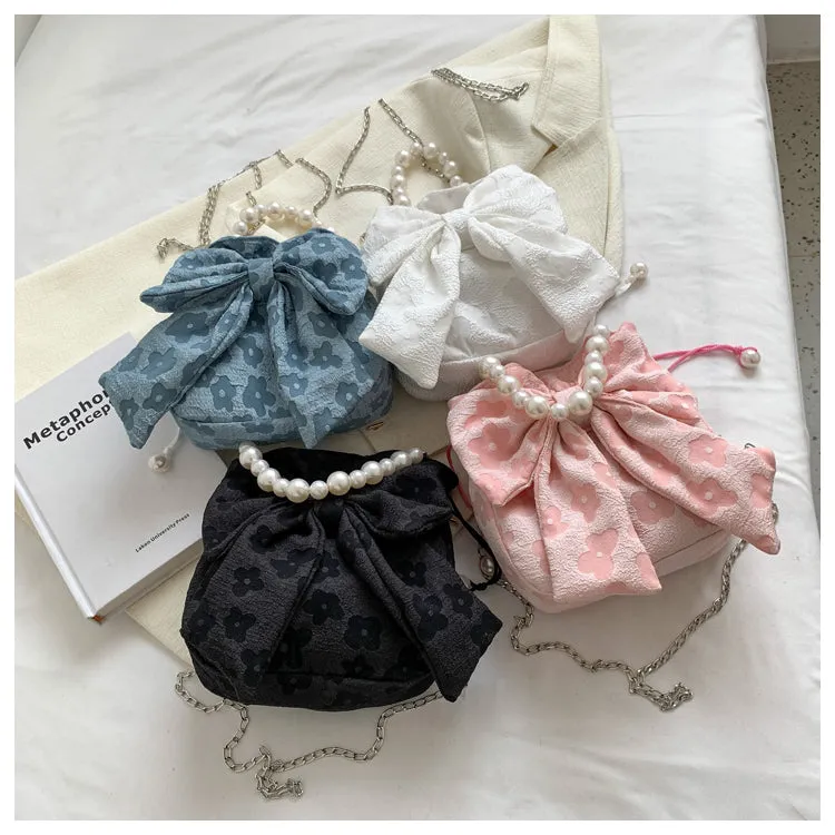 Stella Floral Print Cute Bowl Ribbon Pearl Handle Handheld Handbag