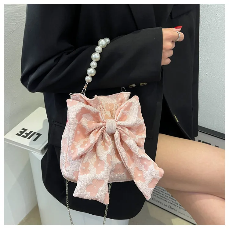 Stella Floral Print Cute Bowl Ribbon Pearl Handle Handheld Handbag