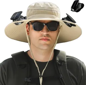 Sun Hat with 2 Solar Powered Fans Outdoor Wide Brim Sun Hat Solar Fan Hat Breathable Fishing Hat for Camping Hiking Mens