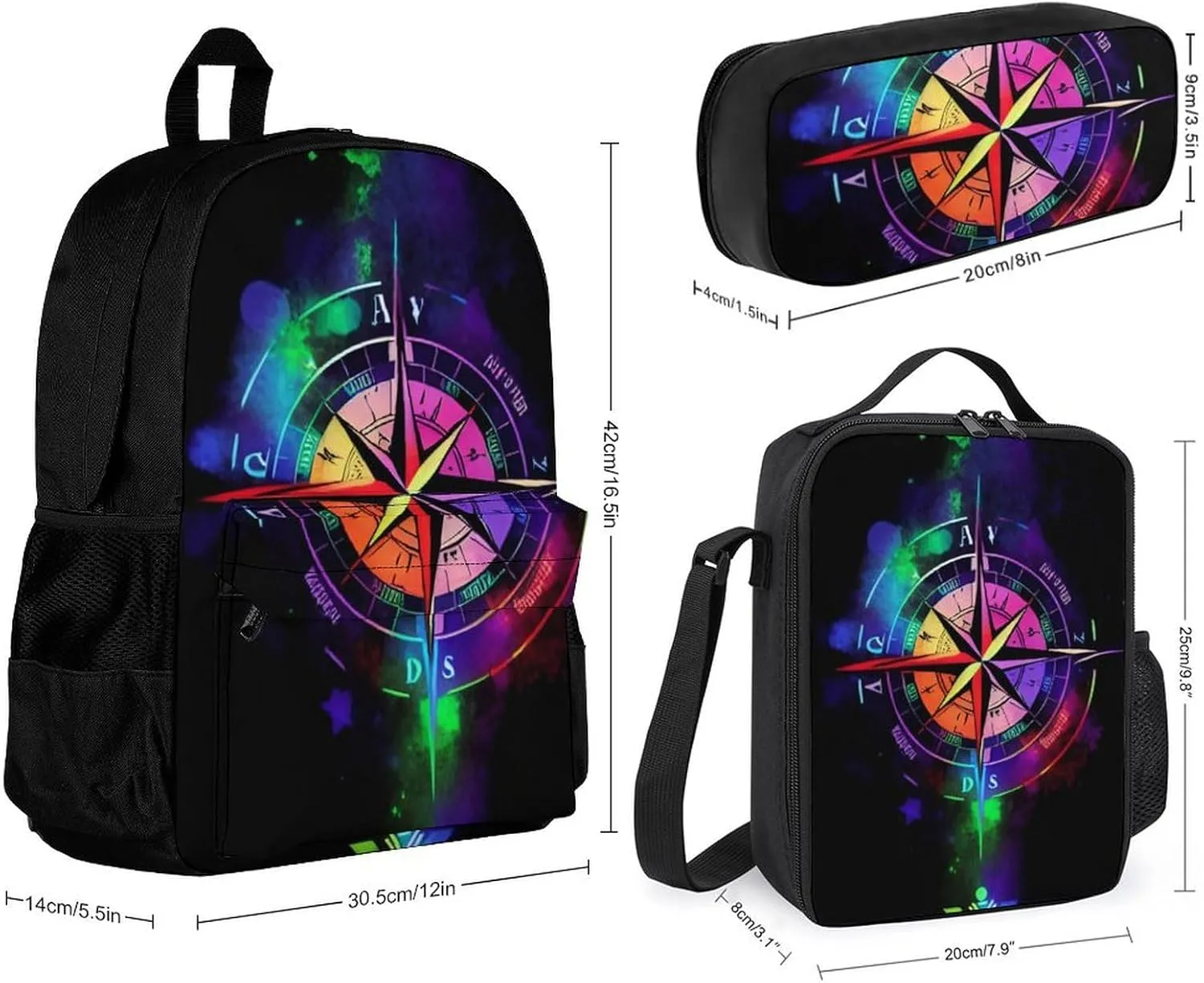 Supdreamc Daypack Backpack Sets, Rucksacks   Lunch Bag   Pencil Case, Colorful Compass Arrow Art Travel Rucksack for Man/Women/College Men and Women