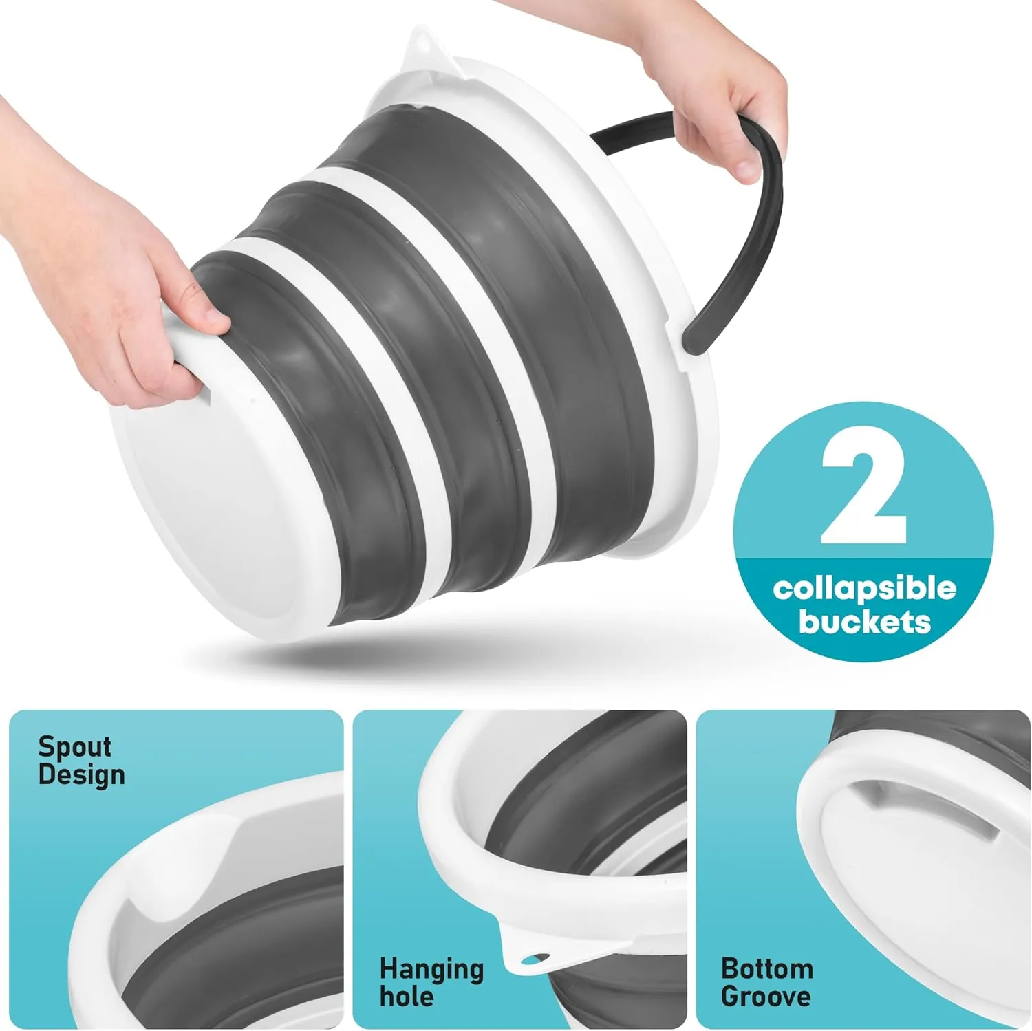 Superio Collapsible Bucket 2 Gallon Bucket with Handle Grey Car Wash Bucket Small Foldable Silicone Pail for Camping, Fishing, Cleaning, Mopping, 10 Liter, 2