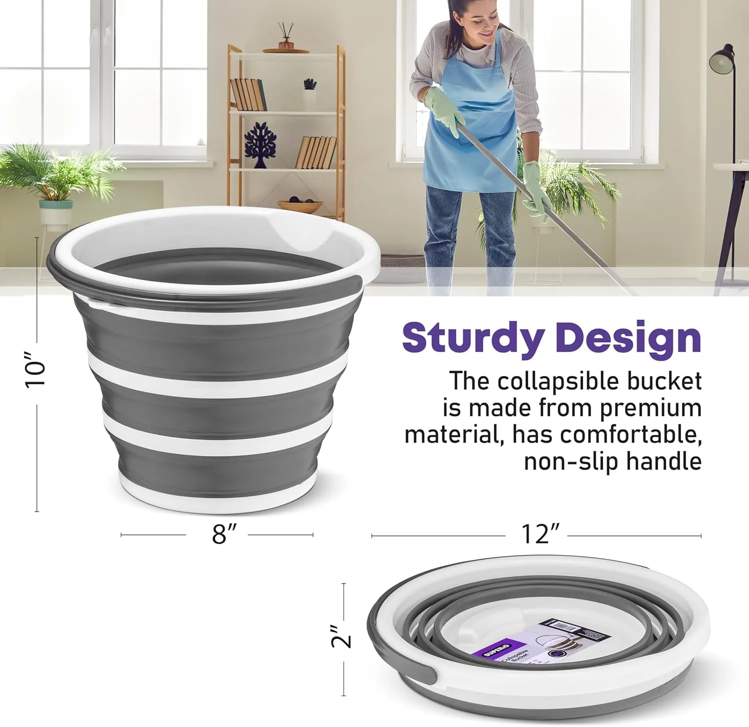 Superio Collapsible Bucket 2 Gallon Bucket with Handle Grey Car Wash Bucket Small Foldable Silicone Pail for Camping, Fishing, Cleaning, Mopping, 10 Liter, 2