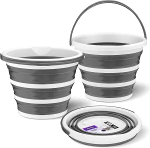 Superio Collapsible Bucket 2 Gallon Bucket with Handle Grey Car Wash Bucket Small Foldable Silicone Pail for Camping, Fishing, Cleaning, Mopping, 10 Liter, 2