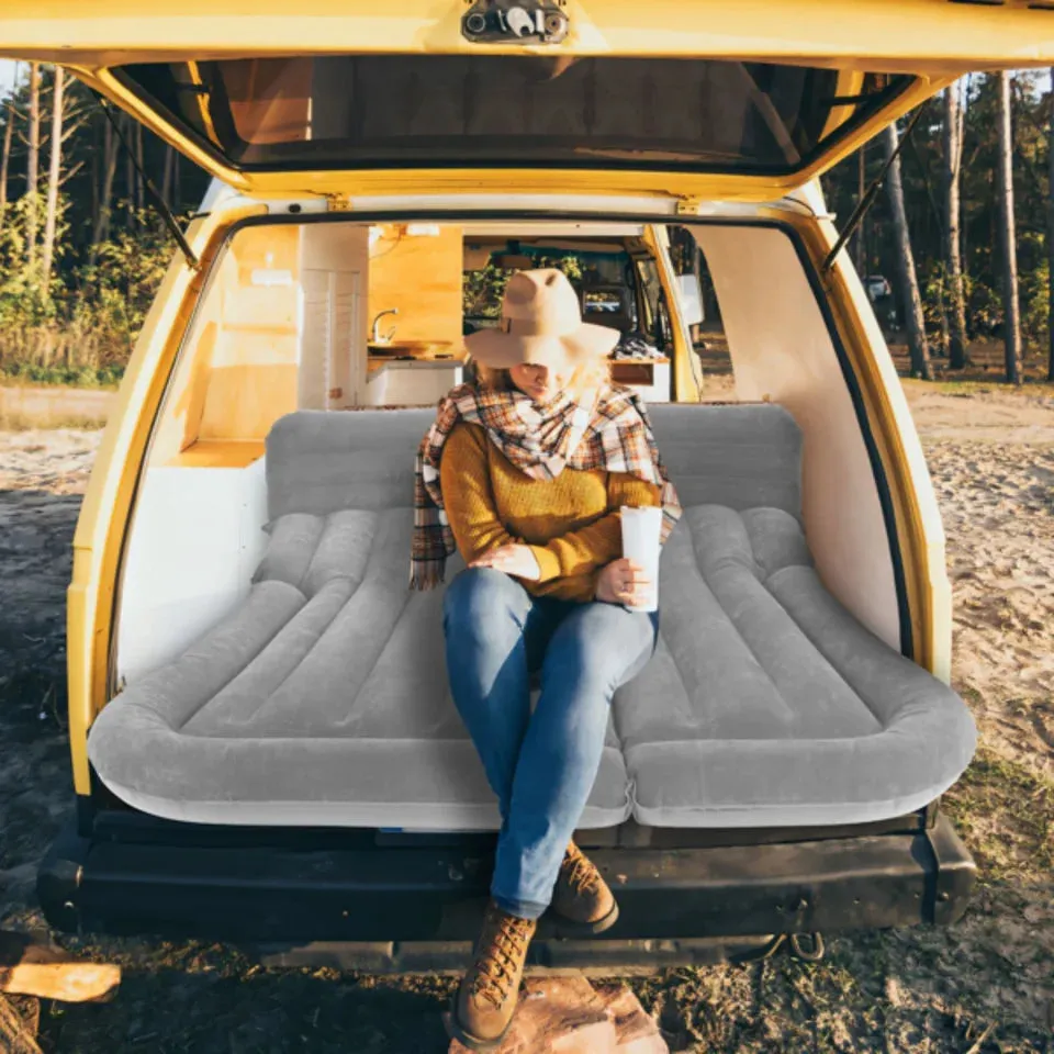 SUV Air Cushion Thickened Camping MattressPillow Air Pump Storage Bag PVC Flocked Car Bed Home Car Travel Camping (Grey)