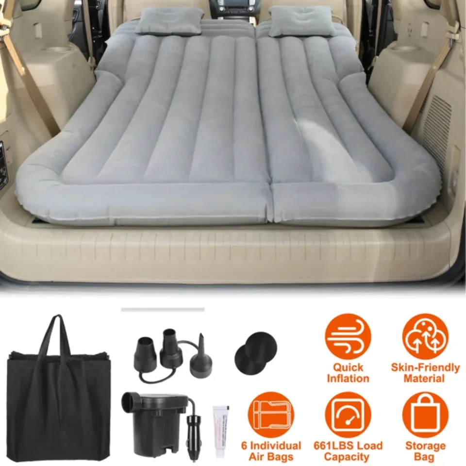 SUV Air Cushion Thickened Camping MattressPillow Air Pump Storage Bag PVC Flocked Car Bed Home Car Travel Camping (Grey)