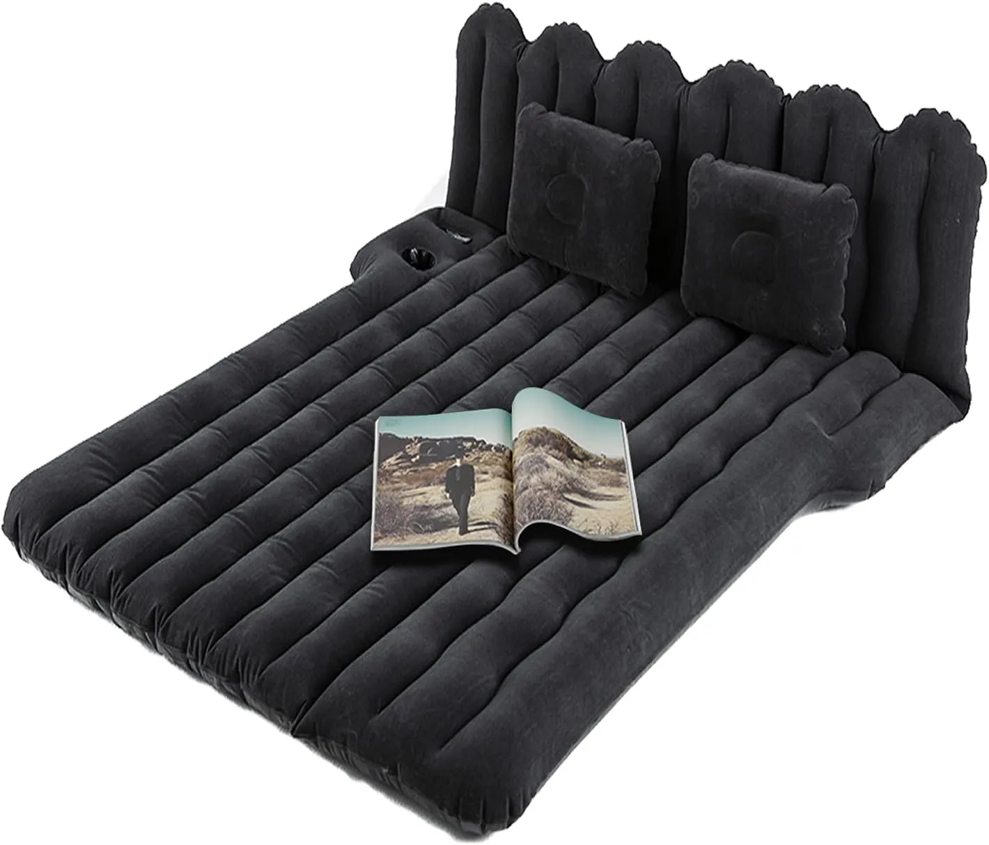 SUV Air Mattress with Cup & Phone Holder, Flocked-Top Car Mattress with 2 Air Pillows & Electric Air Pump, Perfect for Camping, Travel, and Road Trips (Black)
