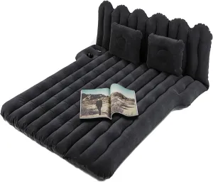 SUV Air Mattress with Cup & Phone Holder, Flocked-Top Car Mattress with 2 Air Pillows & Electric Air Pump, Perfect for Camping, Travel, and Road Trips (Black)