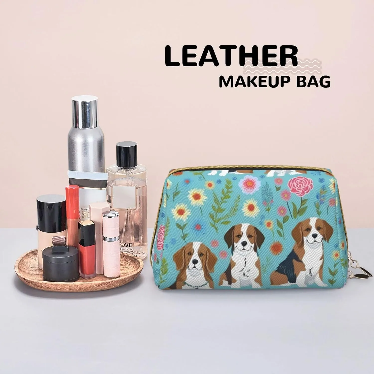 Sweet Basset Hound Florals Toiletry Pouch, Travel-Friendly Makeup Organizer For Makeup Brushes, Lipsticks