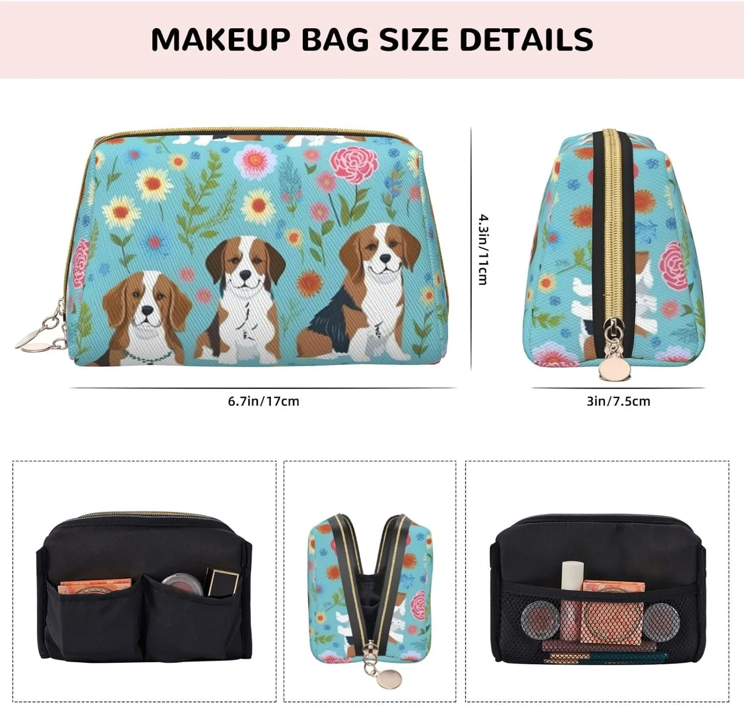 Sweet Basset Hound Florals Toiletry Pouch, Travel-Friendly Makeup Organizer For Makeup Brushes, Lipsticks