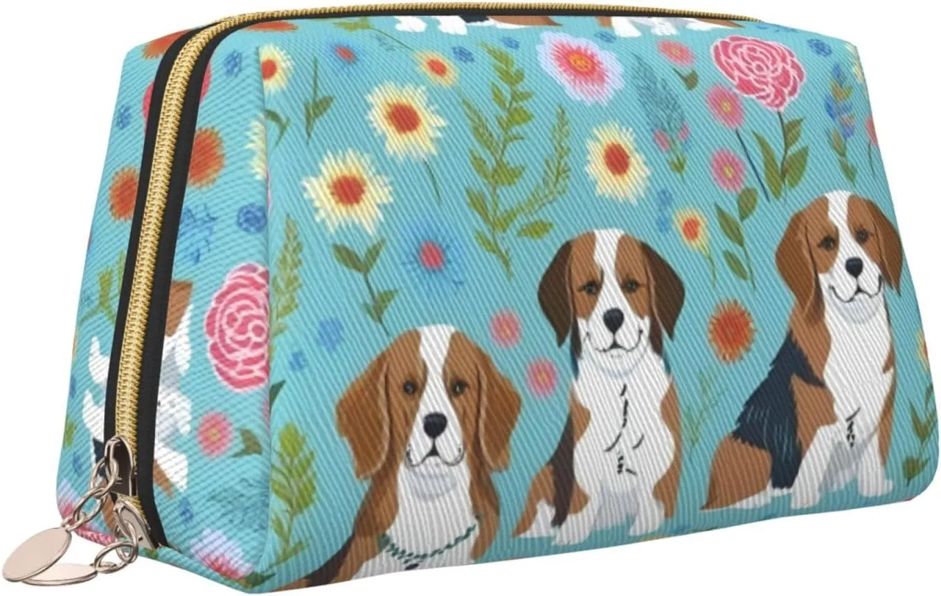 Sweet Basset Hound Florals Toiletry Pouch, Travel-Friendly Makeup Organizer For Makeup Brushes, Lipsticks