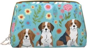 Sweet Basset Hound Florals Toiletry Pouch, Travel-Friendly Makeup Organizer For Makeup Brushes, Lipsticks