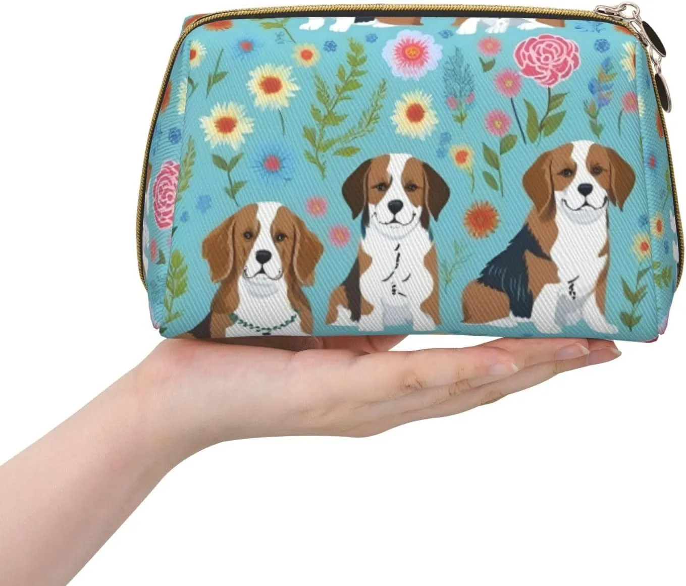 Sweet Basset Hound Florals Toiletry Pouch, Travel-Friendly Makeup Organizer For Makeup Brushes, Lipsticks