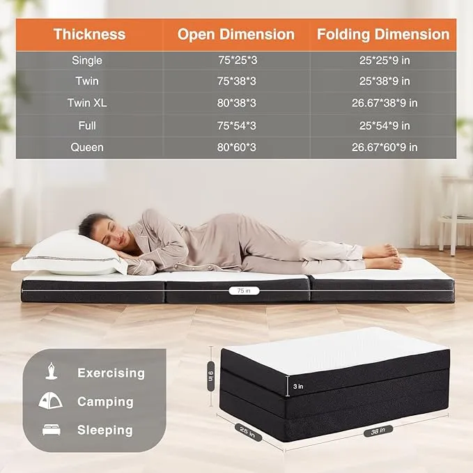Sweetcrispy Folding Mattress, 3 inch Tri-fold Memory Foam Mattress Topper for Camping, Foldable Mattress Topper with Washable Cover, Guest - Twin Size, White