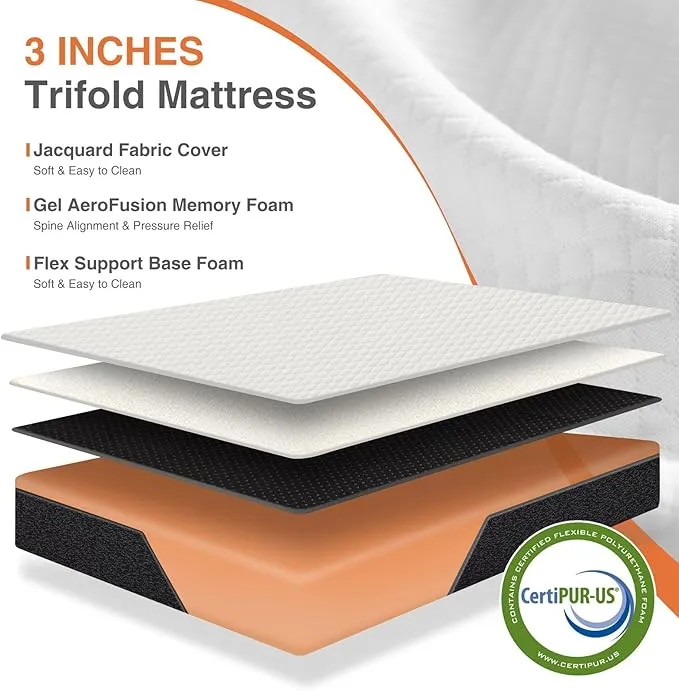 Sweetcrispy Folding Mattress, 3 inch Tri-fold Memory Foam Mattress Topper for Camping, Foldable Mattress Topper with Washable Cover, Guest - Twin Size, White