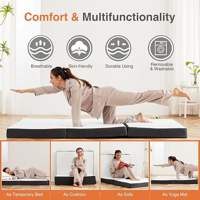 Sweetcrispy Folding Mattress, 3 inch Tri-fold Memory Foam Mattress Topper for Camping, Foldable Mattress Topper with Washable Cover, Guest - Twin Size, White