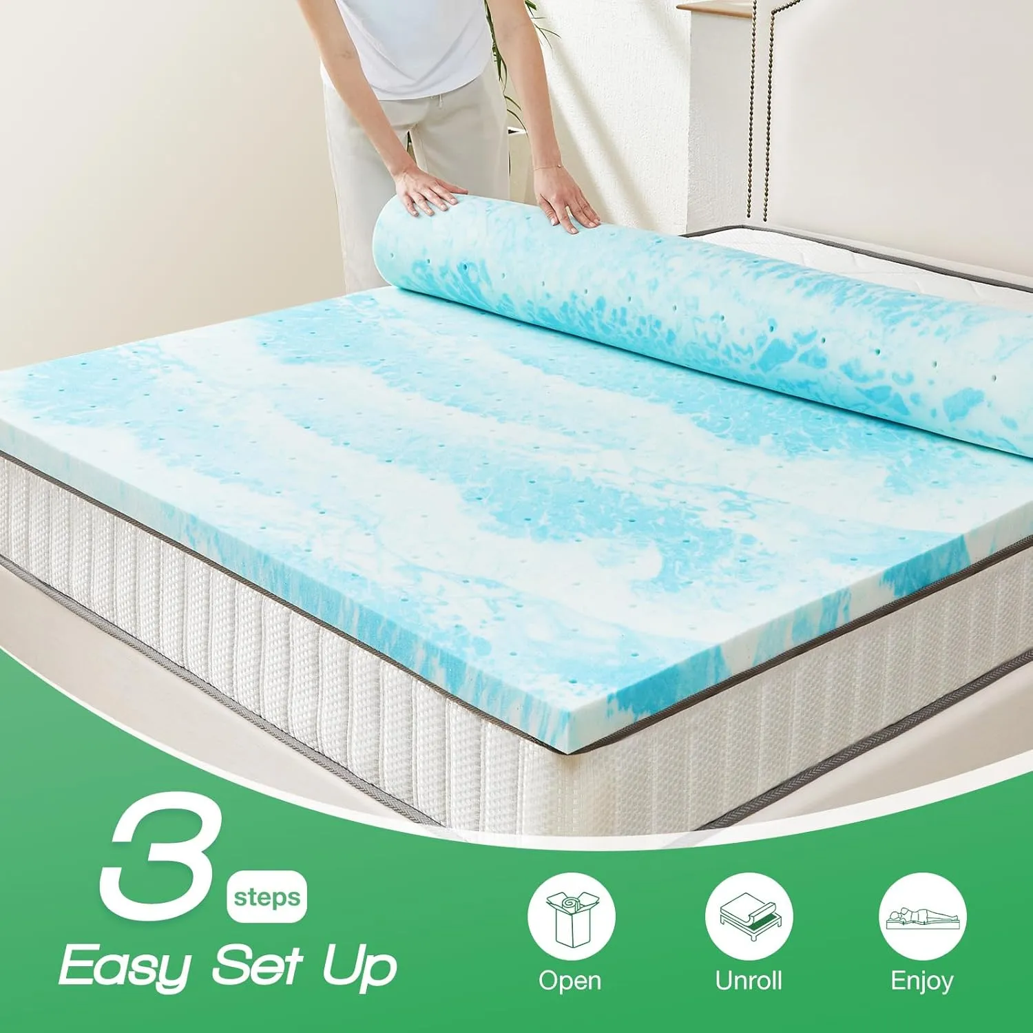 Sweetcrispy Mattress Topper Queen, 3 Inch Thick Memory Foam Gel Infused Cooling Toppers Pad for Queen Size Bed, Sleeper Sofa, RV, Camper, CertiPUR US Certified, Ventilated and Breathable, Blue