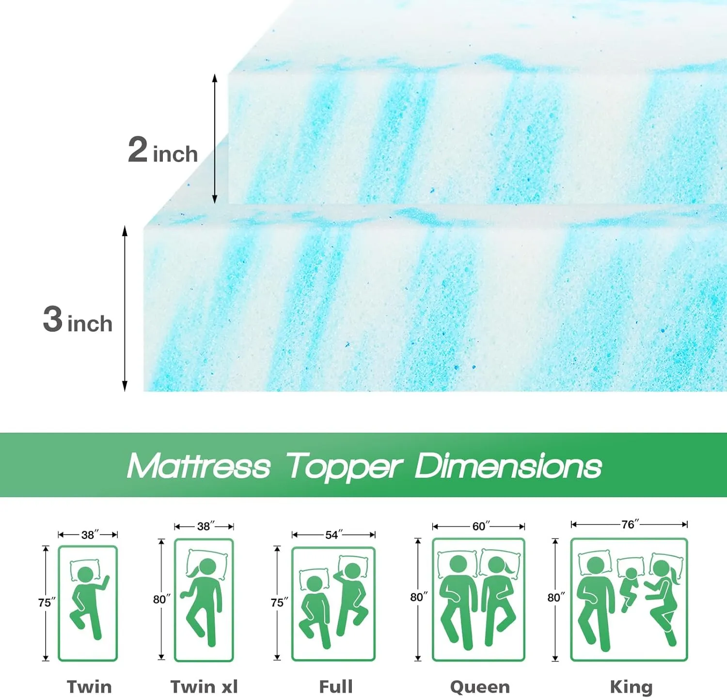 Sweetcrispy Mattress Topper Queen, 3 Inch Thick Memory Foam Gel Infused Cooling Toppers Pad for Queen Size Bed, Sleeper Sofa, RV, Camper, CertiPUR US Certified, Ventilated and Breathable, Blue