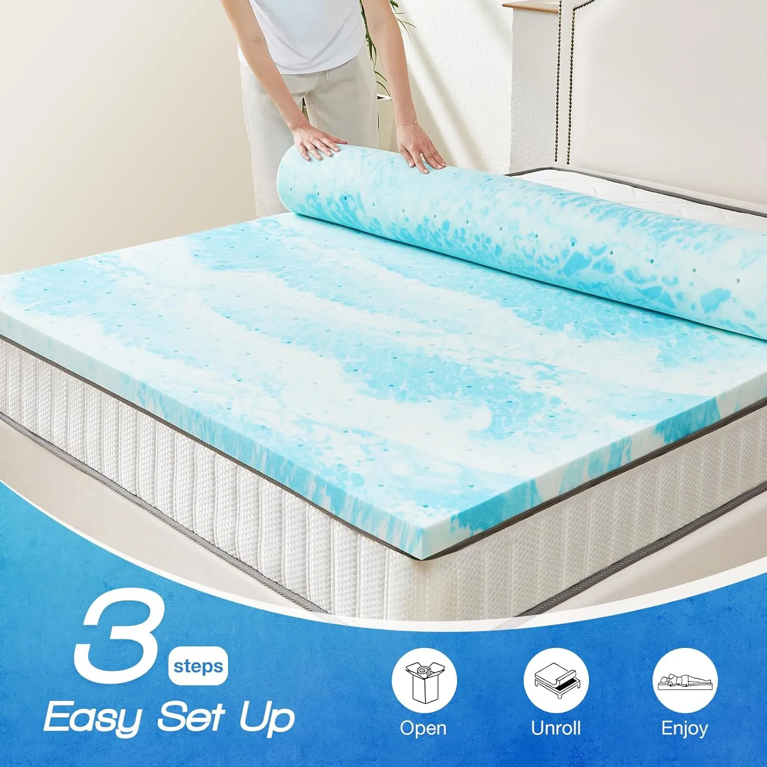Sweetcrispy Memory Foam Mattress Topper Twin, 2 Inch Thick Gel Infused Cooling Toppers Pad for Twin Size Bed, Sleeper Sofa, RV, Camper, CertiPUR US Certified, Ventilated and Breathable, Blue