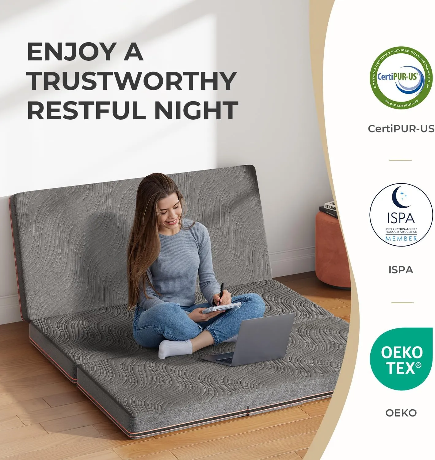Sweetnight 4 Inch Folding Mattress with Carry Bag - Full Size Trifold Mattress Grey with Breathable Cover & Non-Slip Bottom| Portable Floor Mattress for Camping,Travel,RV,Guest Room