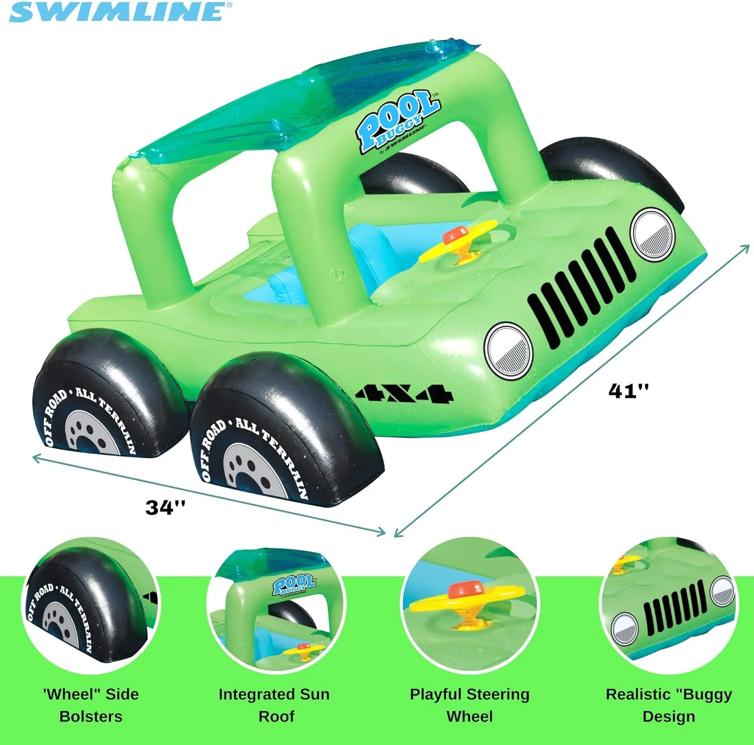 Swimline Inflatable Swimming Pool Float Ride-On Mattress Lounger Raft – Fun Poolside Relaxation for Family, Buggy Car, Green, 41"