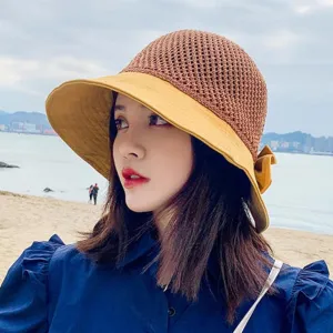 syeigh Sun Hat Woman Summer Hats with Visor Hollow Straw Hat Bow Design Sun Hat Travel Mesh Bucket Hat