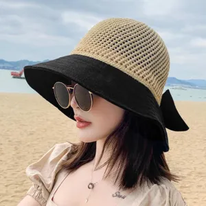 syeigh Sun Hat Woman Summer Hats with Visor Hollow Straw Hat Bow Design Sun Hat Travel Mesh Bucket Hat
