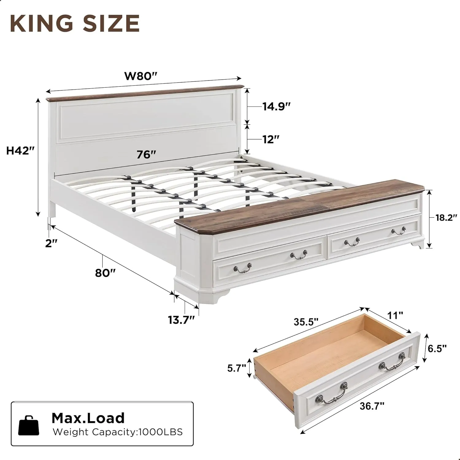 T4TREAM Farmhouse King Bed with Headboard and Storage Bench, Rustic Wood Platform Bed with 80" Storage Chest w/ 4 Large Storage Drawer (Antique White)