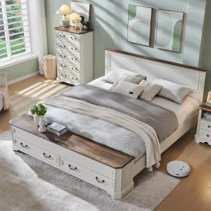 T4TREAM Farmhouse King Bed with Headboard and Storage Bench, Rustic Wood Platform Bed with 80" Storage Chest w/ 4 Large Storage Drawer (Antique White)